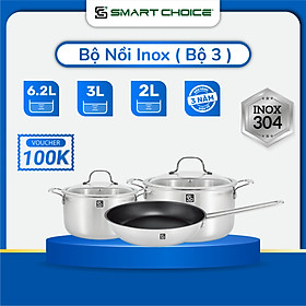 Hình ảnh Bộ Nồi Inox 304 Cao Cấp SMARTCHOICE, Bộ Nồi Bếp Từ 3 Đáy Nắp Kính Cường Lực, Sử Dụng Được Cho Bếp Từ, Bền Đẹp An Toàn Với Sức Khỏe - Hàng Chính Hãng