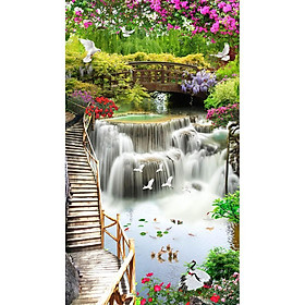 Mua Tranh dán tường 3D phong cảnh thác nước cây cầu khổ dọc - vải lụa kim tuyến - kích thước theo yêu cầu