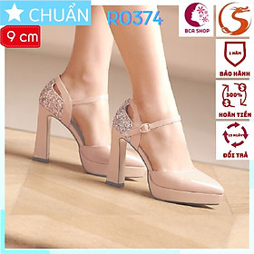 Giày cao gót nữ 9pRO374 thời trang nữ cao cấp ROSATA tại BCASHOP mũi nhọn, quai ngang, gót vuông - màu Nude