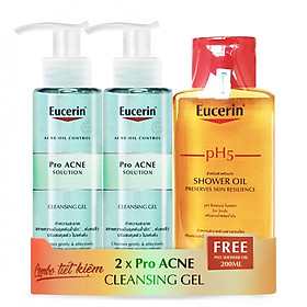 Combo sữa rửa mặt Eucerin Pro Acne Cleansing Gel 200ml tặng dầu tắm Eucerin pH5 Shower Oil | KBM02