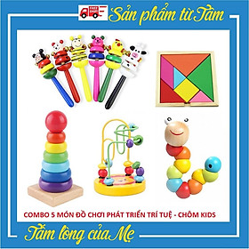 COMBO 5 Món Đồ Chơi Gỗ Phát Triển Trí Tuệ Cho Bé: Sâu Uốn Dẻo, Tháp 7 Màu, Luồn Hạt Mê Cung, Trí Uẩn Tangram, Xúc Xắc Gỗ