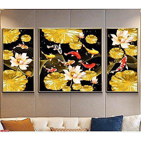 Mua ( giá huỷ diệt ) Ảnh thật siêu phẩm bộ ba tranh tráng gương cao cấp cá koi bên sen vàng
