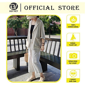 Set áo blazer phối sơ mi kèm quần suông rộng Hàn Quốc phong cách công sở Đũi Việt