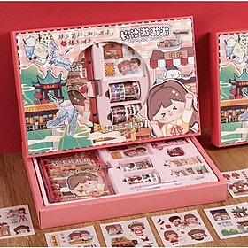 Set hộp quà tặng dễ thương kèm sổ tay sticker, washi, giấy note và móc khoá xinh và miếng nam châm chặn giấy
