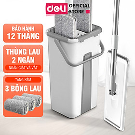 Cây lau nhà tự vắt có thùng 2 ngăn Deli, Bộ chổi lau nhà 360 độ kèm 3 bông lau microfiber siêu sạch - Thùng 3 bông lau