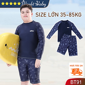 Bộ bơi size lớn cho các bé trai béo mập, áo tắm cỡ đại đến 85kg, tay dài quần lửng ngang gối chống nắng tốt, thun lạnh | BT91