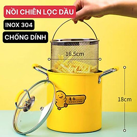 Nồi chiên ngập dầu kèm rổ vớt ráo mỡ có nắp đậy chống bắn dầu mỡ trong khi chiên rán, dùng được với mọi loại bếp kể cả bếp từ, thiết kế nhỏ đường kính 16,5cm, cao 18cm tiết kiệm dầu, thiết kế hình vịt vàng dễ thương