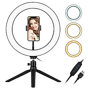10 Inch LED Ring Light with Tripod Stand Phone Holder 3200K-5500K Dimmable Table Camera Light Lamp 3 Light Modes & 10
