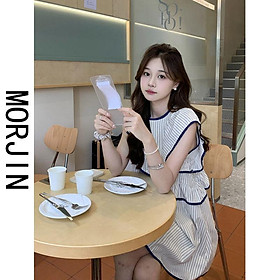 DONGSHOP Morjin sọc nhỏ tay áo đầm mùa hè nữ Hàn Quốc viền lá sen không đều tay búp bê váy