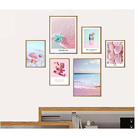 bộ 6 Tranh treo tường biển và tính yêu biển tông hồng ngọt ngào, nhẹ nhàng ,tặng kèm khung màu gỗ, tranh đơn giản ,hiện đại , Tặng kèm khung và đinh ba chân treo tranh chuyên dụng PVP-TP1525