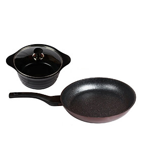 Combo Nồi đúc ceramic đen nắp kính đế từ cao cấp 24 cm, chảo chống dính Đức 28cm màu mận tím dùng được bếp từ