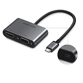 Ugreen UG50505CM162TK 15CM màu Xám Bộ chuyển đổi TYPE C sang HDMI + VGA + Usb3.0 + hỗ trợ nguồn PD TYPE C - HÀNG CHÍNH HÃNG