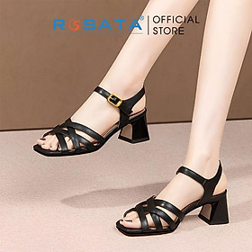 Giày sandal cao gót nữ ROSATA RO584 xỏ ngón phối dây mũi tròn quai hậu khóa cài dây mảnh gót vuông cao 5cm - ĐEN