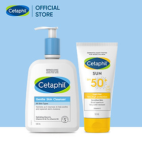 Combo Sữa rửa mặt CETAPHIL GENTLE SKIN CLEANSER 500ML + Gel chống nắng cho da nhạy cảm Cetaphil Sun SPF 50+ Light Gel