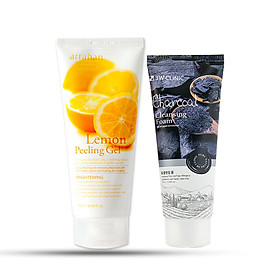 Combo Sữa rửa mặt chiết xuất từ than hoạt tính 3W CLINIC CHARCOAL CLEANSING FOAM và Gel tẩy da chết Arrahan Lemon White Peeling Gel (180ml)