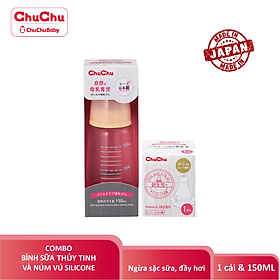 Combo : Bình Sữa Thủy Tinh G-150ml ChuchuBaby + Núm Vú Silicon ( Box type, chống đầy hơi ) ChuchuBaby