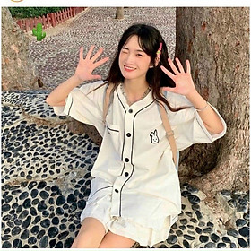 Áo sơ mi nữ tay ngắn form rộng unisex style Ulzzang Girls, áo cuban shirt, Áo Sơ Mi Tay Lỡ BUNNY Vải Kaki lụa Chéo Form Rộng Ulzzang Unisex, Áo phông cổ tim chạy viền logo thêu thỏ form rộng dài unisex kiểu Hàn Quốc