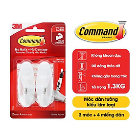 Móc dán tường đầu kim loại Command 3M vỉ 2 cái cỡ vừa chịu lực 1.3kg - Độ bền cao, bám cực chắc, tháo cực dễ 17068 - 1 vỉ 2 cái