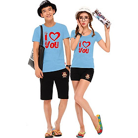 Bộ Áo Thun Đôi Nam Nữ I Love You Flower - Màu Xanh Biển