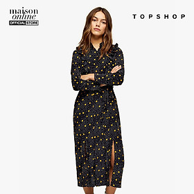 TOPSHOP - Đầm midi tay dài cổ trụ PETITE Black And Mustard Spot Print Ruffle 26G41RMUS-061
