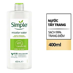 Nước tẩy trang Simple Micellar làm sạch trang điểm vượt trội - không chứa cồn gây khô rát 400ml [CHÍNH HÃNG ĐỘC QUYỀN]