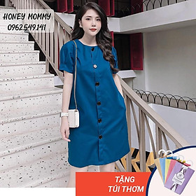  Váy Bầu Công Sở Dáng Suông Xanh Cổ Vịt Váy Bầu Đi Làm HD2608 Honey Mommy