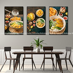 (ẢNH THẬT) Bộ 3 tranh treo tường tráng gương phở gà 3 trang trí quán ăn, nhà hàng kèm đinh treo