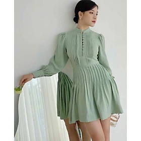 Đầm babydoll vải linen nút bọc xếp ly trắng xanh đậu tay dài cổ tàu Ivy.fashion đi biển dự tiệc dạo phố bigsize