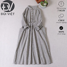  Đầm sơ mi caro dáng suông công sở thanh lịch có dây thắt eo,có túi thời trang Đũi Việt