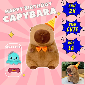 Thú nhồi bông Capybara đội nón sinh nhật có dòng chữ Happy everyday - Size từ 35cm đến 85cm - Quà tặng gấu bông chuột lang đeo nơ dễ thương