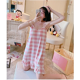Váy ngủ, váy mặc nhà, váy 2 dây đuôi cá họa tiết caro hồng dễ thương HB36