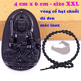 Mặt Phật Văn thù đá thạch anh đen 6 cm kèm vòng cổ hạt chuỗi đá đen - mặt dây chuyền size lớn - XXL, Mặt Phật bản mệnh