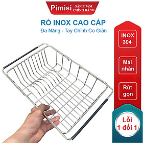 Rổ Inox 304 Chữ Nhật Gác Bồn Rửa Chén Pimisi Úp Bát Đĩa - Rau Củ Quả Với Thiết Kế Thông Minh Điều Chỉnh Độ Dài Co Giãn Chiều Dài Khay, Tay Nắm Kéo Từ Thép Không Gỉ SUS 304 - Với 4 Góc Vuông Bo Tròn Phù Hợp Với Mọi Chậu Rửa Bát  | Hàng Chính Hãng