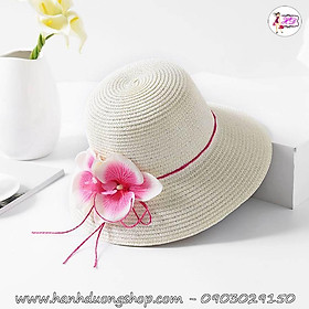 Nón đi biển du lịch nữ vành nhỏ gắn nơ hoa lan dễ thương, chất liệu cói giữ dáng, có dây rút size bên trong nón - Hạnh Dương