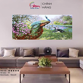 Tranh Treo Tường Trang Trí Đôi Chim Công Khổng Tước Tự Tô Màu Theo Số khổ lớn 50x120cm KHÔNG KHUNG DV3102