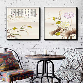 Mua Bộ 2 tranh canvas treo tường Decor Họa tiết hoa sen tông vàng nhạt - DC162