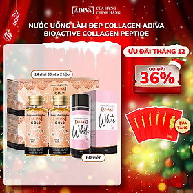 2 Hộp Nước Uống Làm Đẹp Collagen ADIVA Gold (14 Chai/Hộp) + 1 Hộp Viên Uống Trắng Da White ADIVA 60 Viên