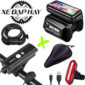 COMBO Phụ Kiện Xe Đạp Thể Thao | Túi Treo Khung WILDMAN, Bọc Yên, Khóa Xe 5 Số,Đèn Kiêm Còi Xe Đạp HJ062, Đèn Hậu AQY096 Sạc Pin USB