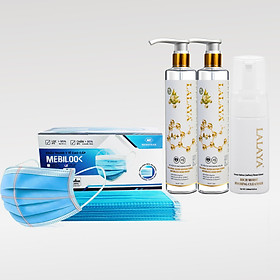 Combo 1 chai sữa rửa mặt tạo không xà phòng(100ml) và 2 chai gel rửa tay kháng khuẩn nano bạc (150ml) LALAYA kèm 1 hộp khẩu trang y tế cao cấp MEBILOO< kháng khuẩn màu ngẫu nhiên xanh/xám