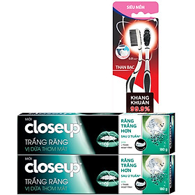 Combo 2 Kem Đánh Răng Dạng Gel Closeup Trắng Sáng Tự Nhiên Vị Dừa 180G + & 02 Bàn Chải Than Bạc Kháng Khuẩn