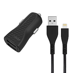 Sạc xe hơi Energizer 3.4A 2 Cổng USB màu đen, kèm cáp lightning - DC2CLLIM - Hàng chính hãng