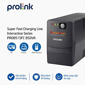 Bộ nguồn cấp điện liên tục UPS PROLiNK 850VA (PRO851SFC) Công suất 480W, tích hợp bộ AVR, sạc siêu nhanh - Hàng chính hãng
