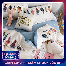 Bộ Chăn Ga Gối Cottong Poly Cá Trắng