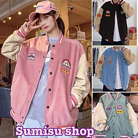 Áo khoác nhung, áo nhung bomer logo cầu vồng nam nữ cúc bấm, Áo Khoác Bomber Nhung Logo Cầu Vồng, Áo Jacket Khuy Bấm Tay Bo Phối Màu Form Rộng 4 Màu