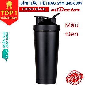 [Màu Đen] Bình Lắc Thể Thao Shaker Tập Gym Inox Có Giữ Nhiệt Chính Hãng miDoctor