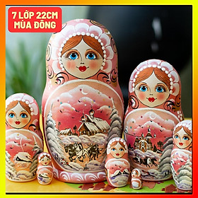 (RẤT ĐẸP VÀ ĐỘC ĐÁO) BỘ BÚP BÊ NGA MATRYOSHKA 7 LỚP 21CM "PHONG CẢNH MÙA ĐÔNG" XANH DA TRỜI HÀNG LƯU NIỆM NGA CỰC ĐẸP