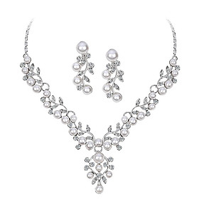 Crystal Rhinestone Pearl Flower Leaf Necklace Earrings Set Wedding Jewelry
