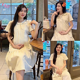 Đầm bầu tiểu thư cổ sen đính nơ vải gấm lụa gân 3D thanh lịch, sang trọng - Kem