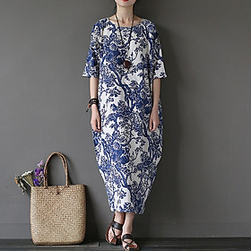 Đầm suông linen trung niên họa tiết trắng sứ ArcticHunter, thời trang thương hiệu chính hãng