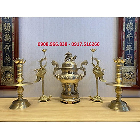 BỘ TAM SỰ SONG LONG CHẦU NGUYỆN CAO 60CM BẰNG ĐỒNG VÀNG MÀU HUN GIẢ CỔ GỒM 1 ĐỈNH CAO 60CM NẶNG 14,5KG VÀ ĐÔI NẾN CAO 45